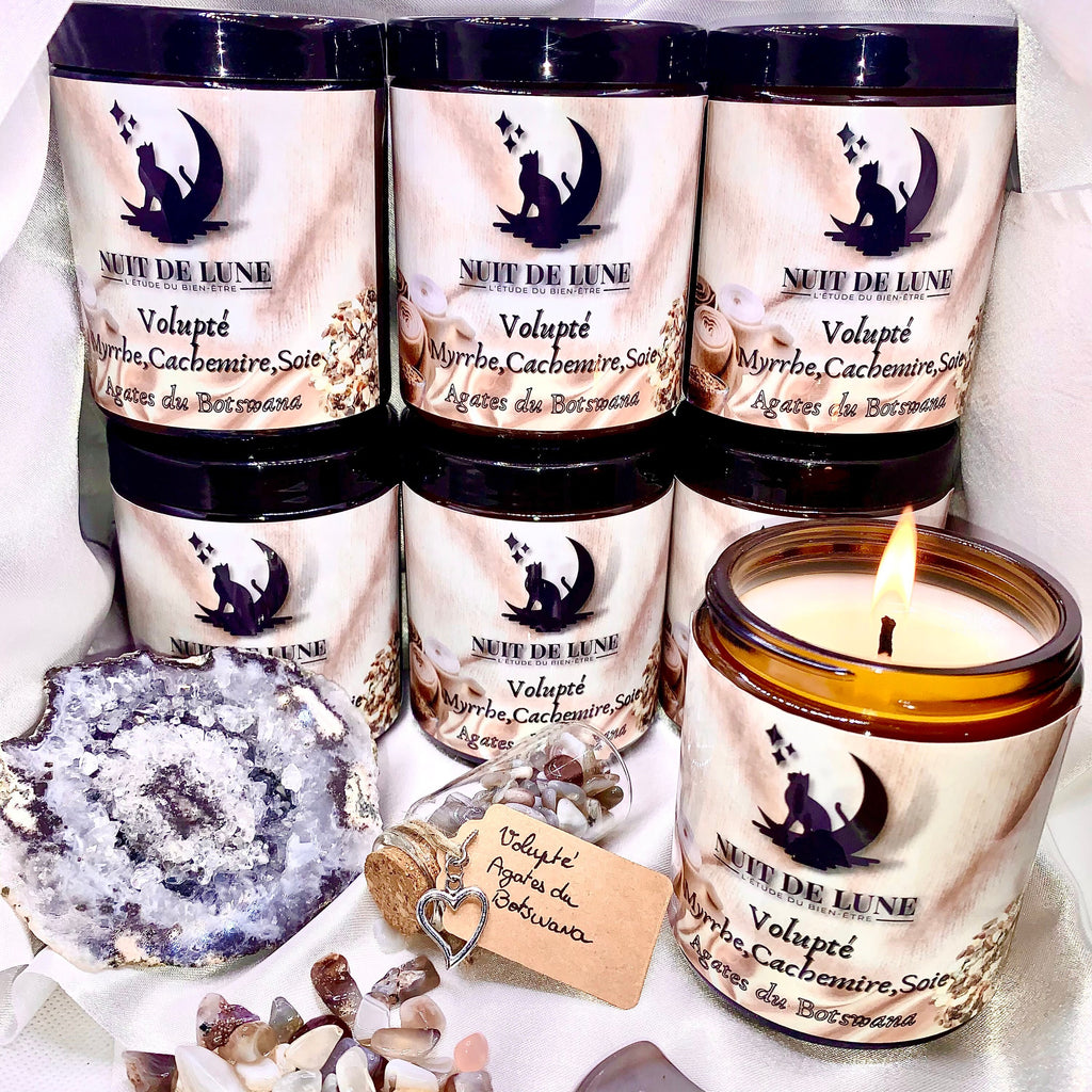 Bougie de luxe artisanale Nuit de Lune VOLUPTÉ Parfumée Myrrhe, Cashmere et soie et sa fiole d’Agates du Botswana