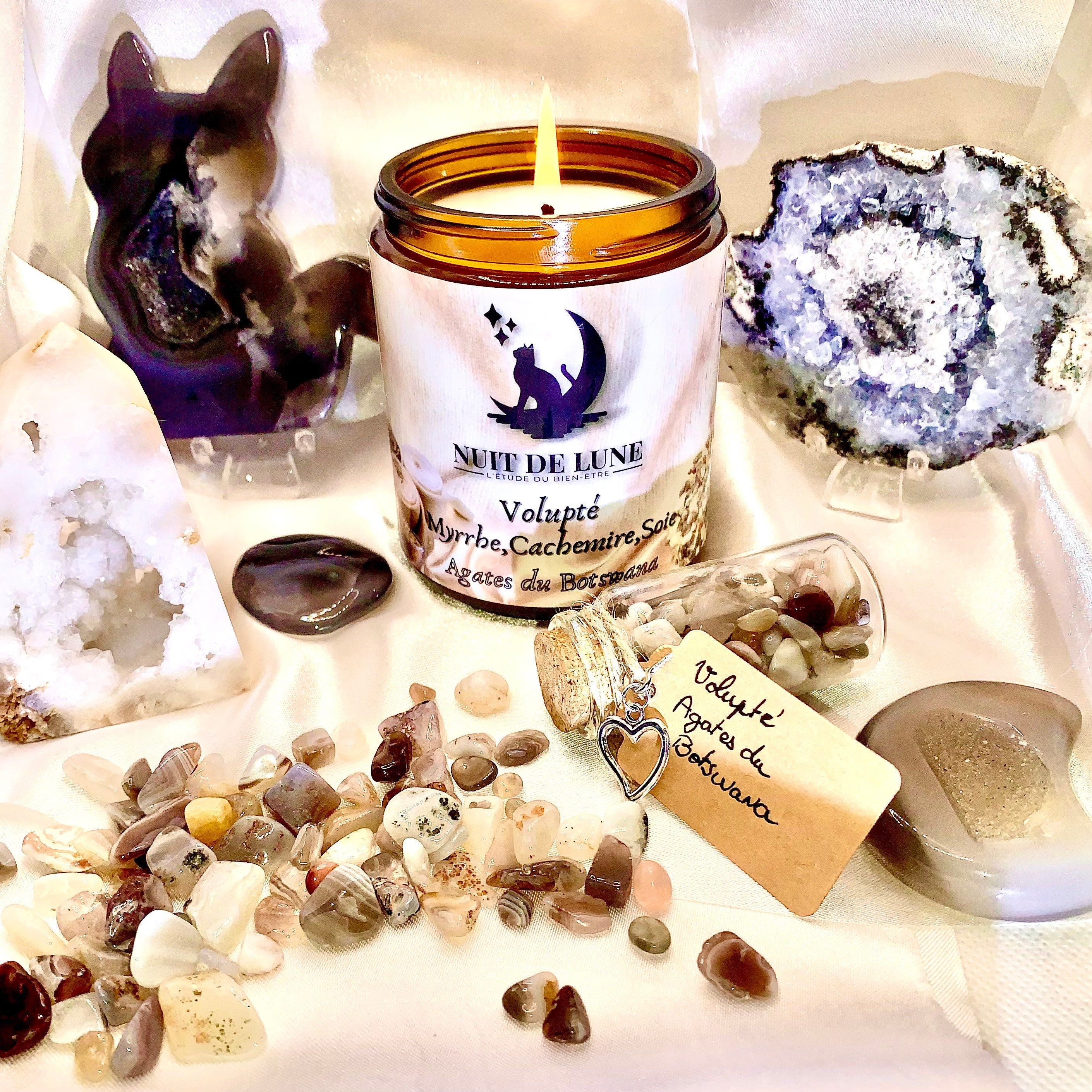 Bougie de luxe artisanale Nuit de Lune VOLUPTÉ Parfumée Myrrhe, Cashmere et soie et sa fiole d’Agates du Botswana