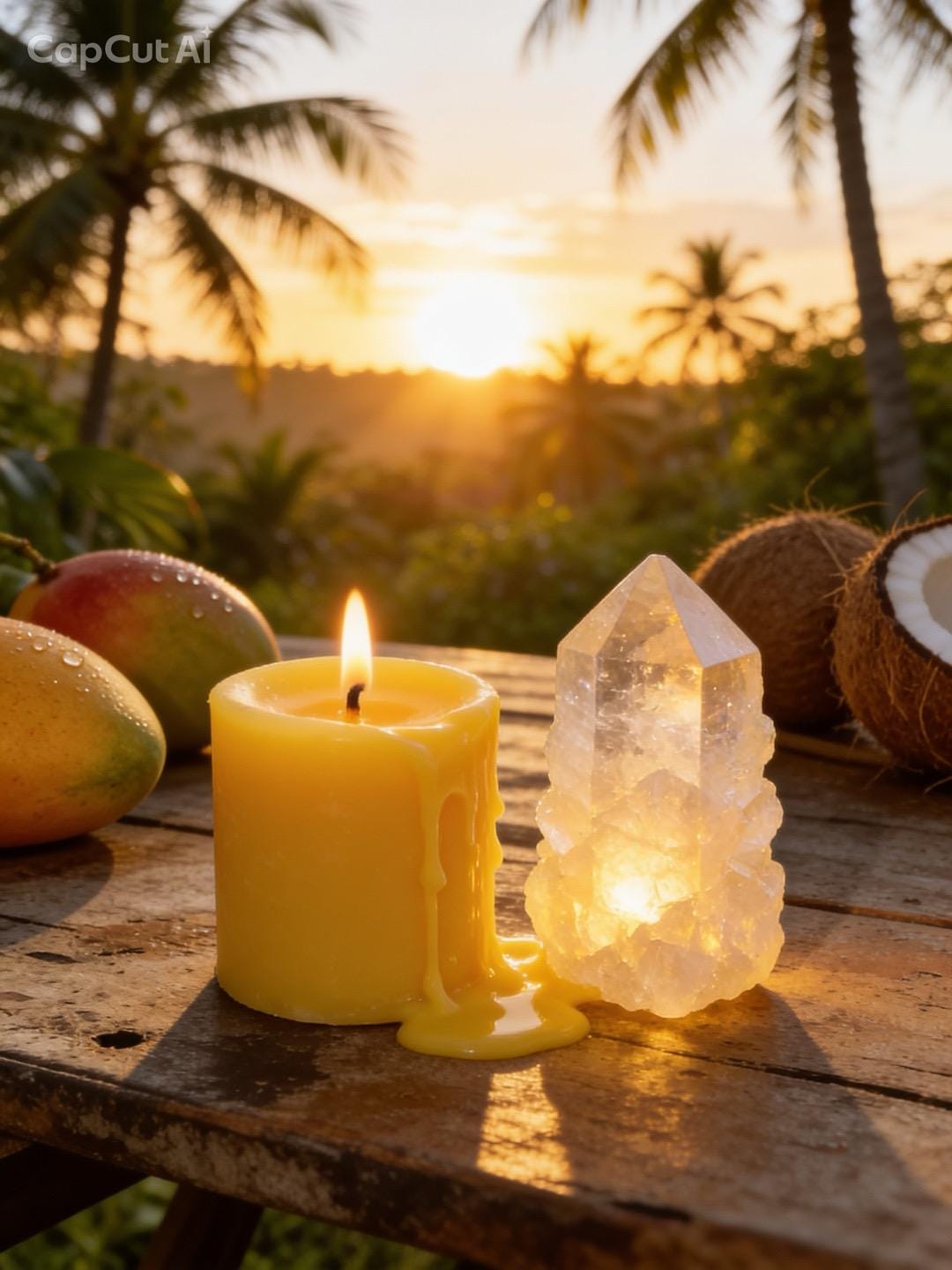 Bougie de luxe artisanale aux cristaux COCO MANGO Mangue et Noix de Coco, Calcite jaune