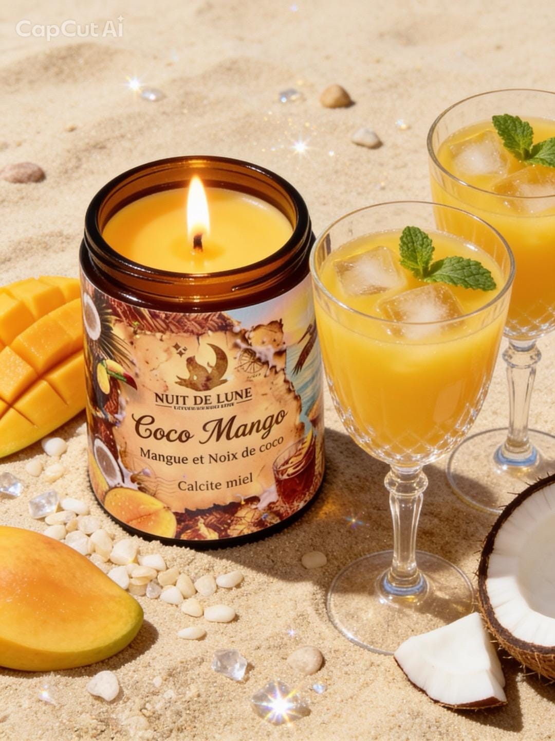 Bougie de luxe artisanale aux cristaux COCO MANGO Mangue et Noix de Coco, Calcite jaune