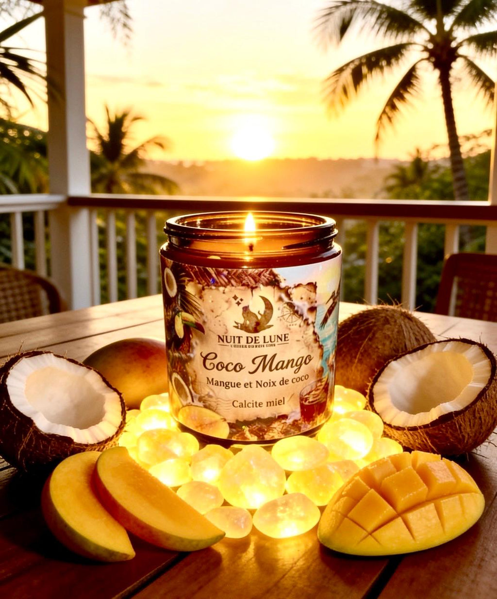Bougie de luxe artisanale aux cristaux COCO MANGO Mangue et Noix de Coco, Calcite jaune