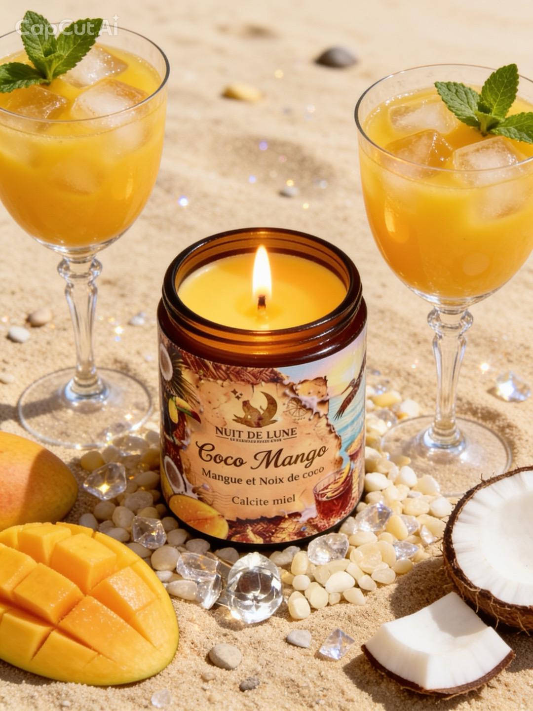 Bougie de luxe artisanale aux cristaux COCO MANGO Mangue et Noix de Coco, Calcite jaune