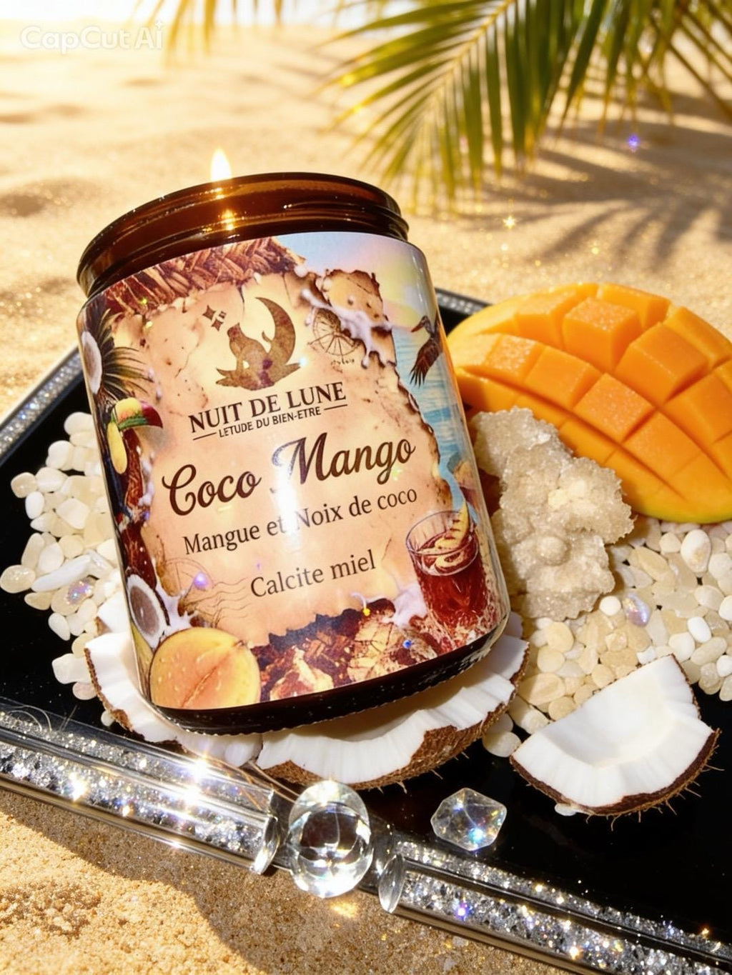 Bougie de luxe artisanale aux cristaux COCO MANGO Mangue et Noix de Coco, Calcite jaune