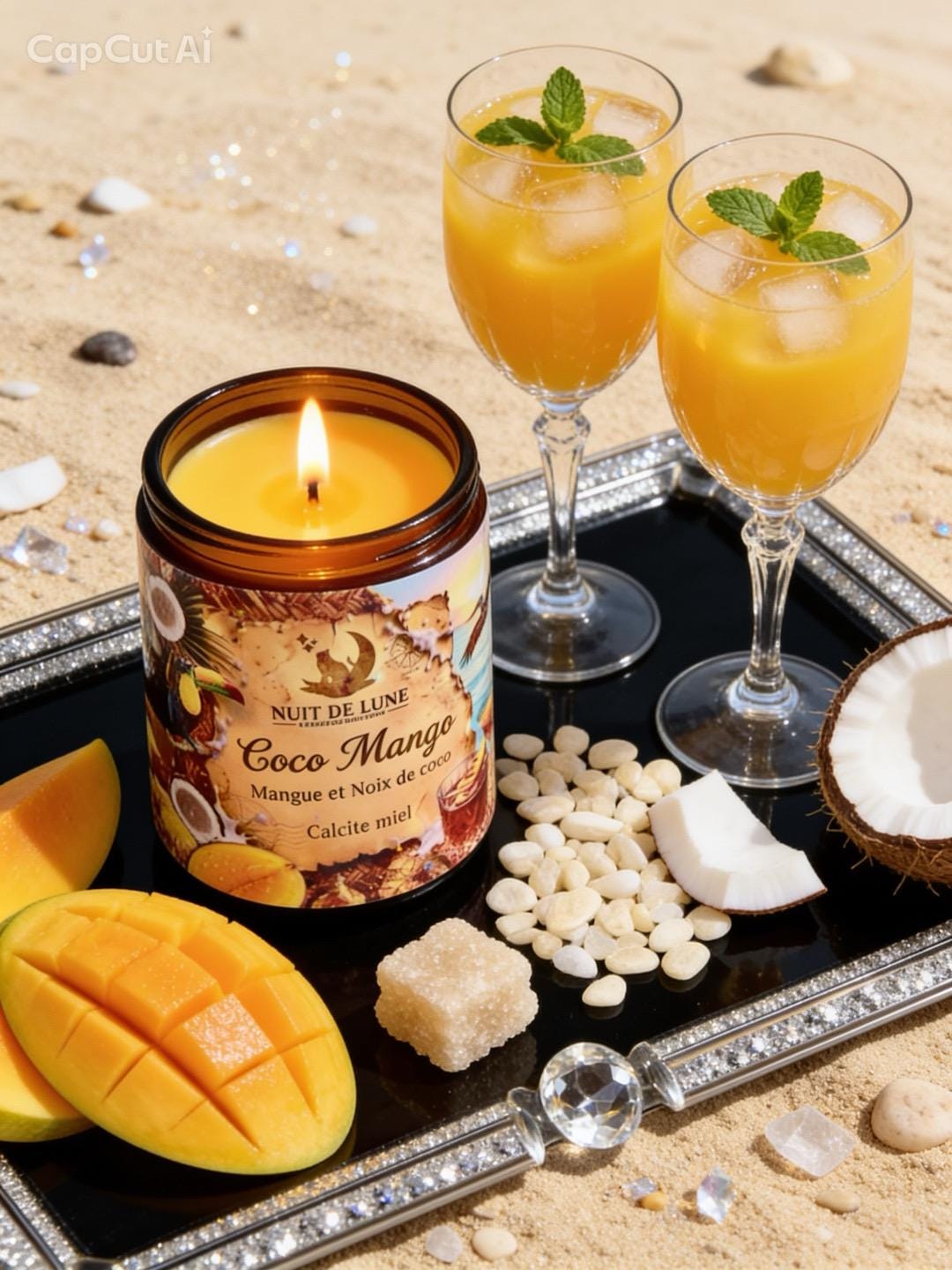 Bougie de luxe artisanale aux cristaux COCO MANGO Mangue et Noix de Coco, Calcite jaune