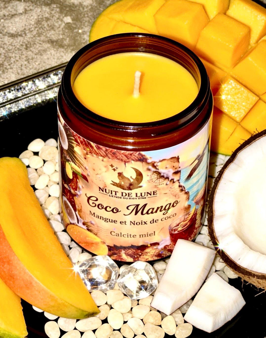 Bougie de luxe artisanale aux cristaux COCO MANGO Mangue et Noix de Coco, Calcite jaune