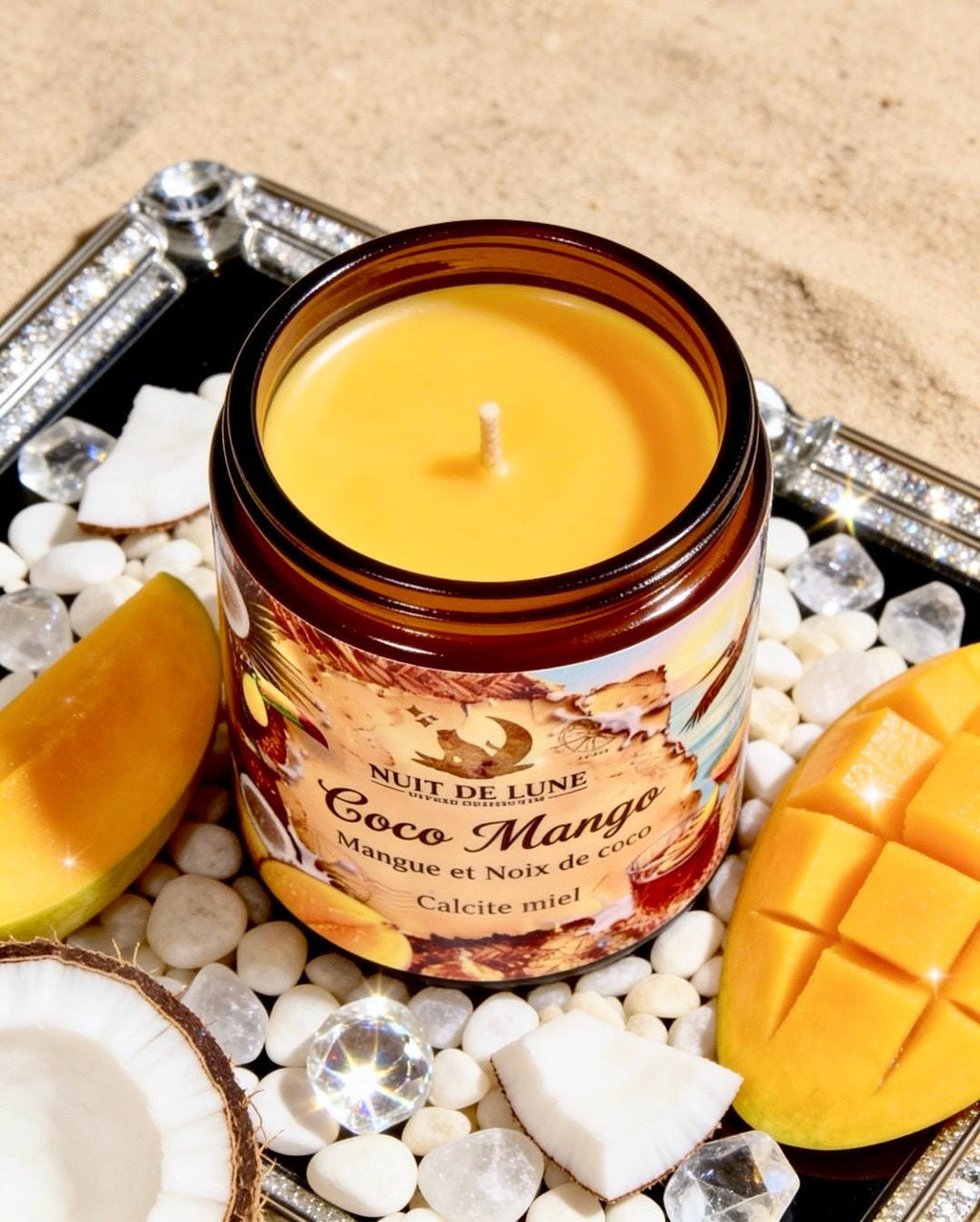 Bougie de luxe artisanale aux cristaux COCO MANGO Mangue et Noix de Coco, Calcite jaune