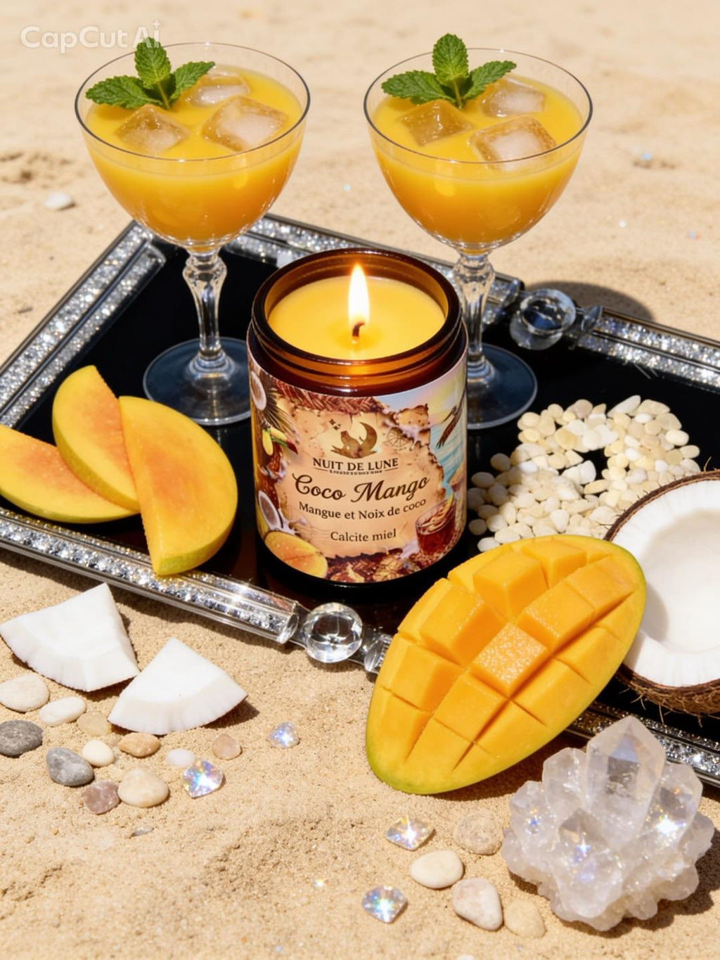 Bougie de luxe artisanale aux cristaux COCO MANGO Mangue et Noix de Coco, Calcite jaune