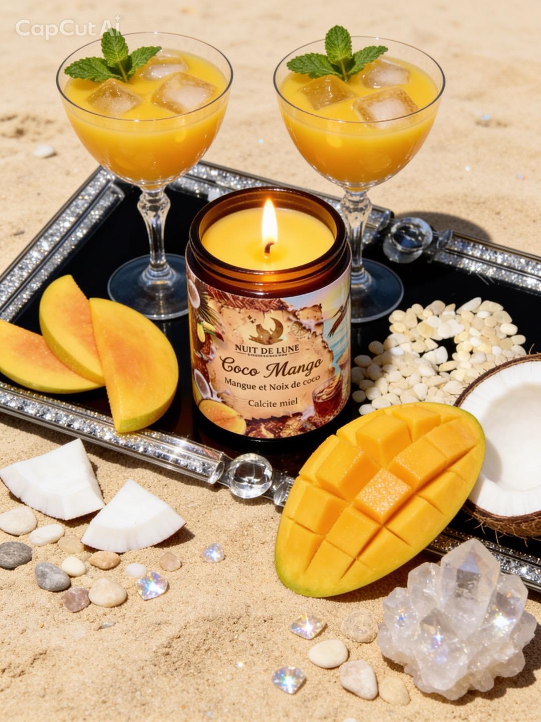 Bougie de luxe artisanale aux cristaux COCO MANGO Mangue et Noix de Coco, Calcite jaune
