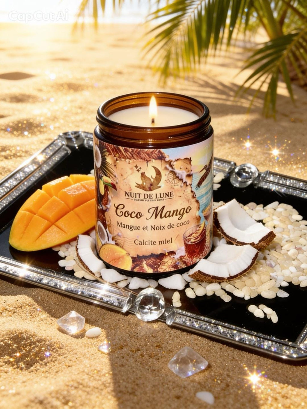 Bougie de luxe artisanale aux cristaux COCO MANGO Mangue et Noix de Coco, Calcite jaune