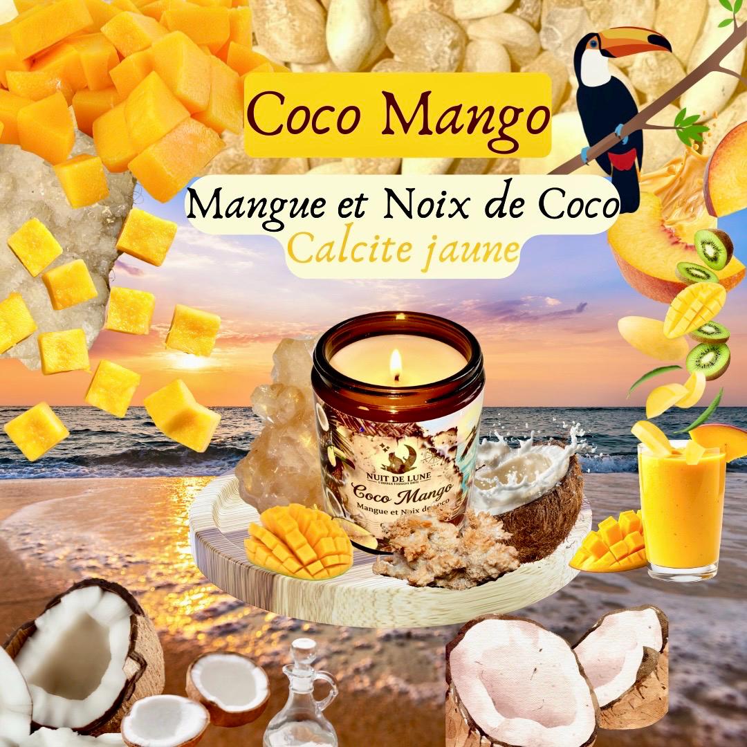 Bougie de luxe artisanale aux cristaux COCO MANGO Mangue et Noix de Coco, Calcite jaune