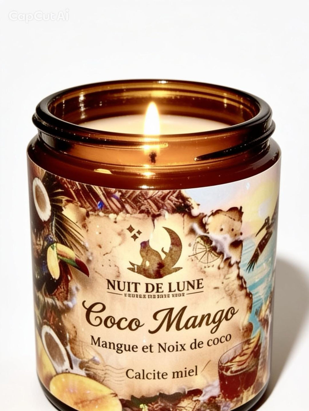 Bougie de luxe artisanale aux cristaux COCO MANGO Mangue et Noix de Coco, Calcite jaune