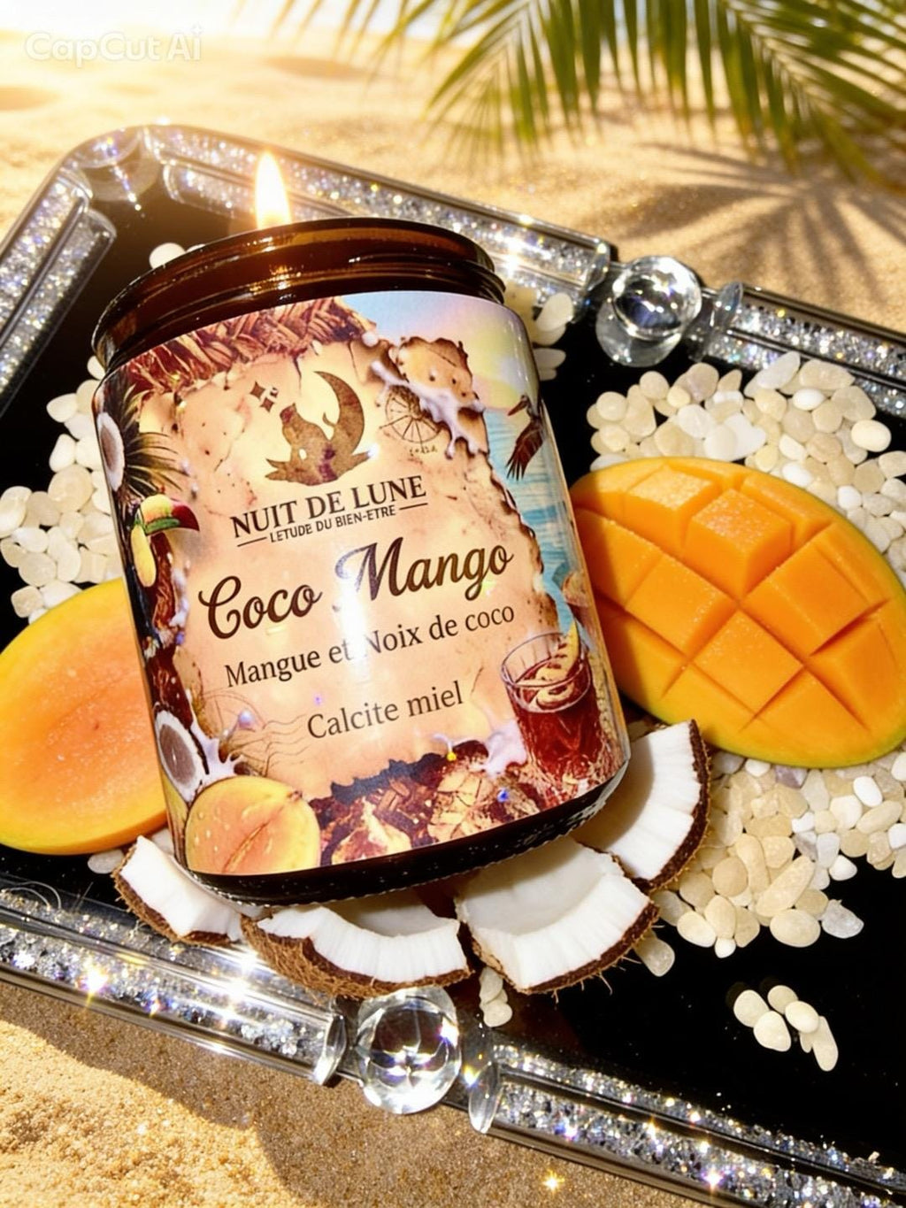 Bougie de luxe artisanale aux cristaux COCO MANGO Mangue et Noix de Coco, Calcite jaune