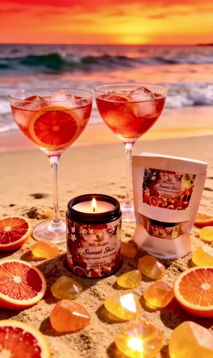 Bougie de luxe artisanale aux cristaux SUNSET SKIN Orange sanguine, Safran, Hedione