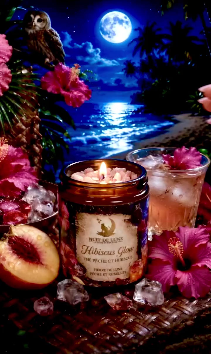 Bougie artisanale de luxe HIBISCUS GLOW Ice Tea Pêche 🍑 et Hibiscus 🌺 Pierre de lune pêche et tourmaline rose
