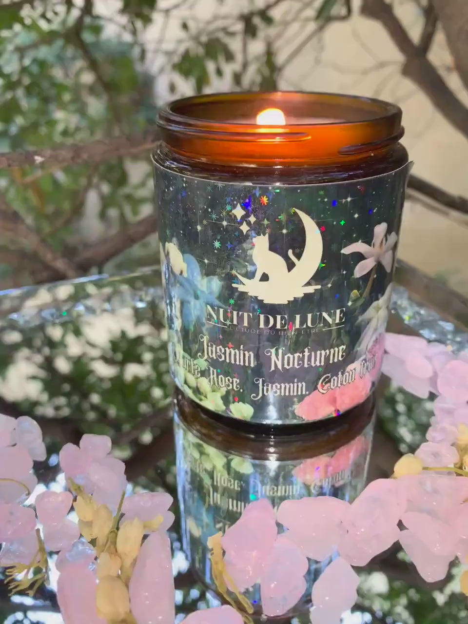 Bougie de luxe artisanale parfumée aux cristaux  Nuit de Lune JASMIN NOCTURNE - jasmin, fleur de coton, quartz rose et jasmin séché