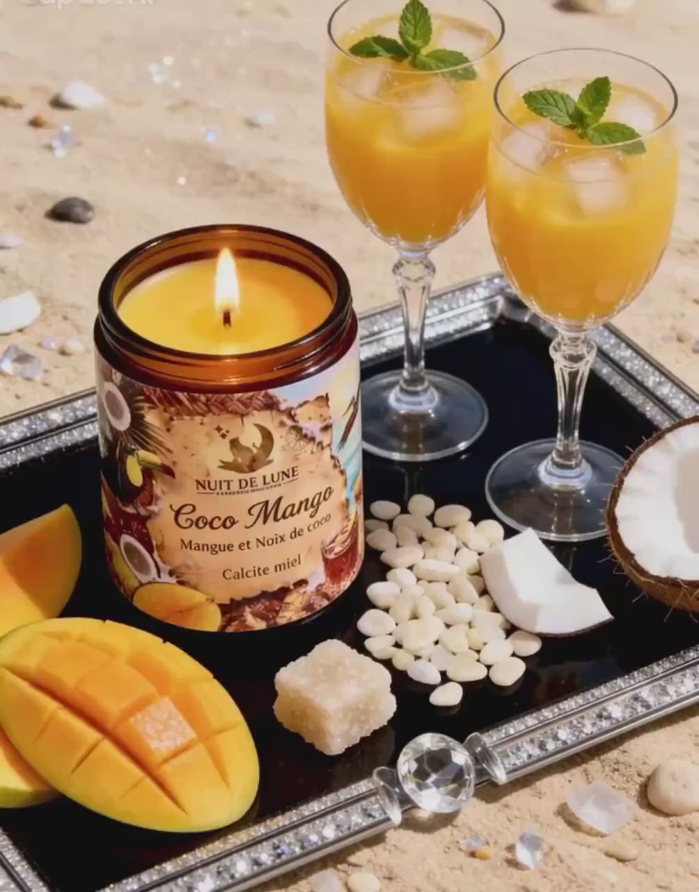 Bougie de luxe artisanale aux cristaux COCO MANGO Mangue et Noix de Coco, Calcite jaune