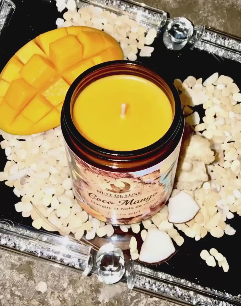 Bougie de luxe artisanale aux cristaux COCO MANGO Mangue et Noix de Coco, Calcite jaune
