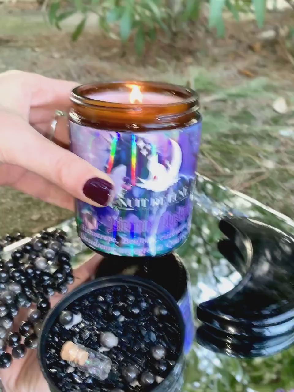 bougie de luxe artisanale aux cristaux LICORNE MYSTIQUE Papier d'Arménie, perles d'Obsidienne argentée et fiole de quartz Mystique