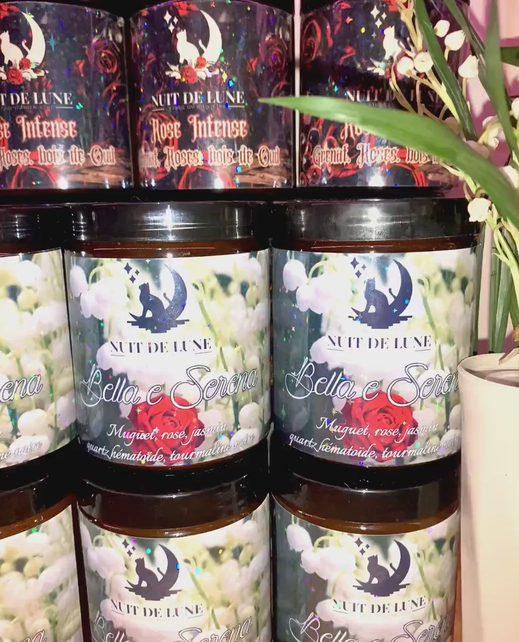 bougie de luxe artisanale parfumée aux cristaux Muguet BELLLA E SERENA Accord Vert, Muguet, Rose, Jasmin, Q.Hematoide, tourmaline noire