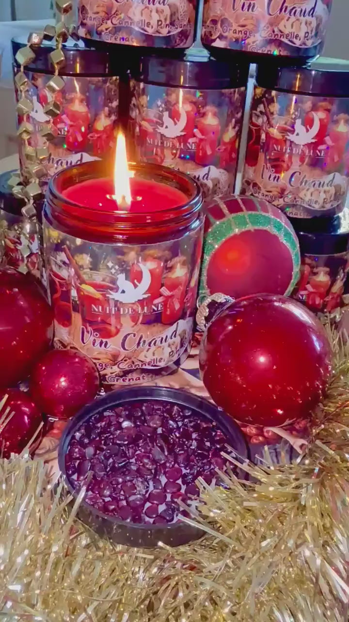 Bougie de luxe artisanale aux cristaux Nuit de Lune VIN CHAUD Orange, Pomme, Cannelle, Pin, Santal, Grenat