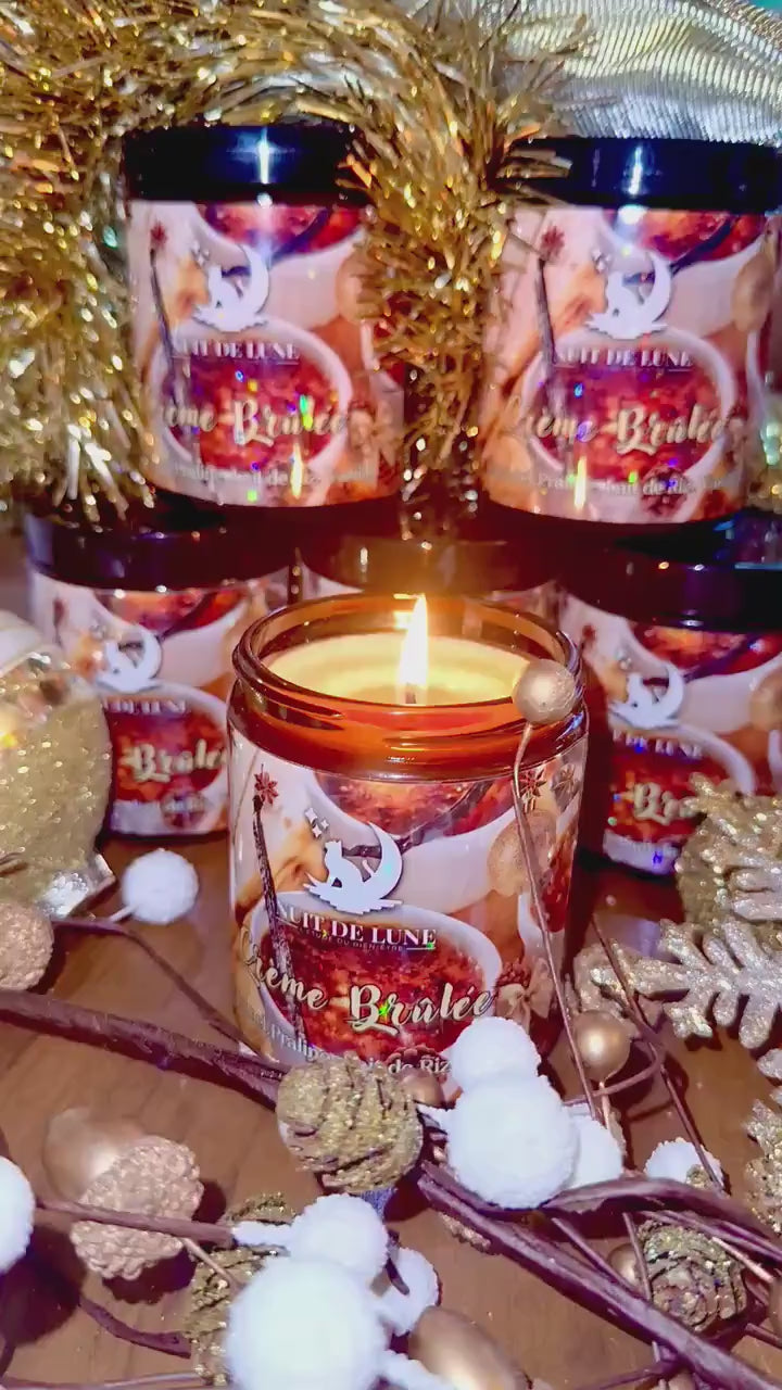Bougie de luxe artisanale CRÈME BRÛLÉE Caramel, Praline, lait de riz, Vanille