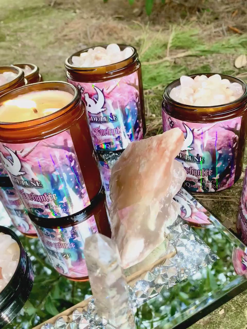 bougie de luxe artisanale aux cristaux LICORNE ENCHANTÉE Fleurs de Cerisier Sakura, Agate Fleur et Quartz Rose