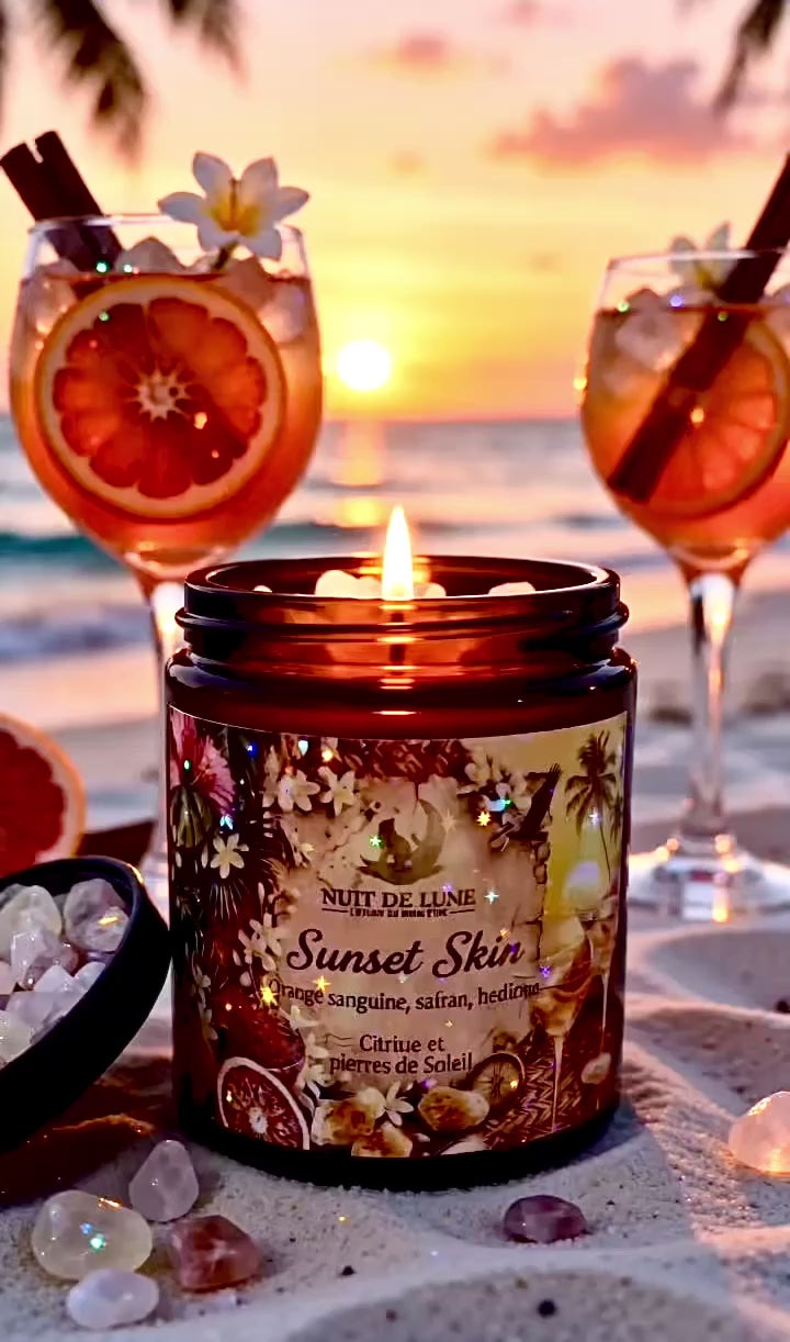 Bougie de luxe artisanale aux cristaux SUNSET SKIN Orange sanguine, Safran, Hedione