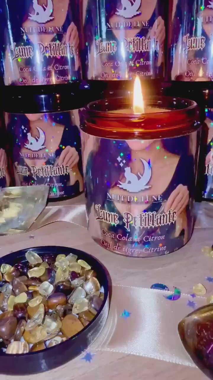 Bougie de luxe artisanale aux cristaux LUNE PÉTILLANTE Coca-Cola et Citron, Oeil de Tigre et Citrine